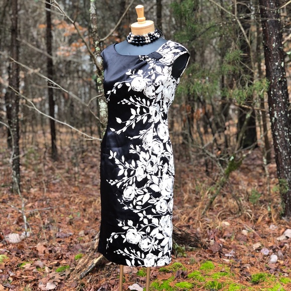 Vintage Evan Picone Dress Sz 4 Black White Floral Heavy Satin Party Date Dressy - Picture 1 of 11